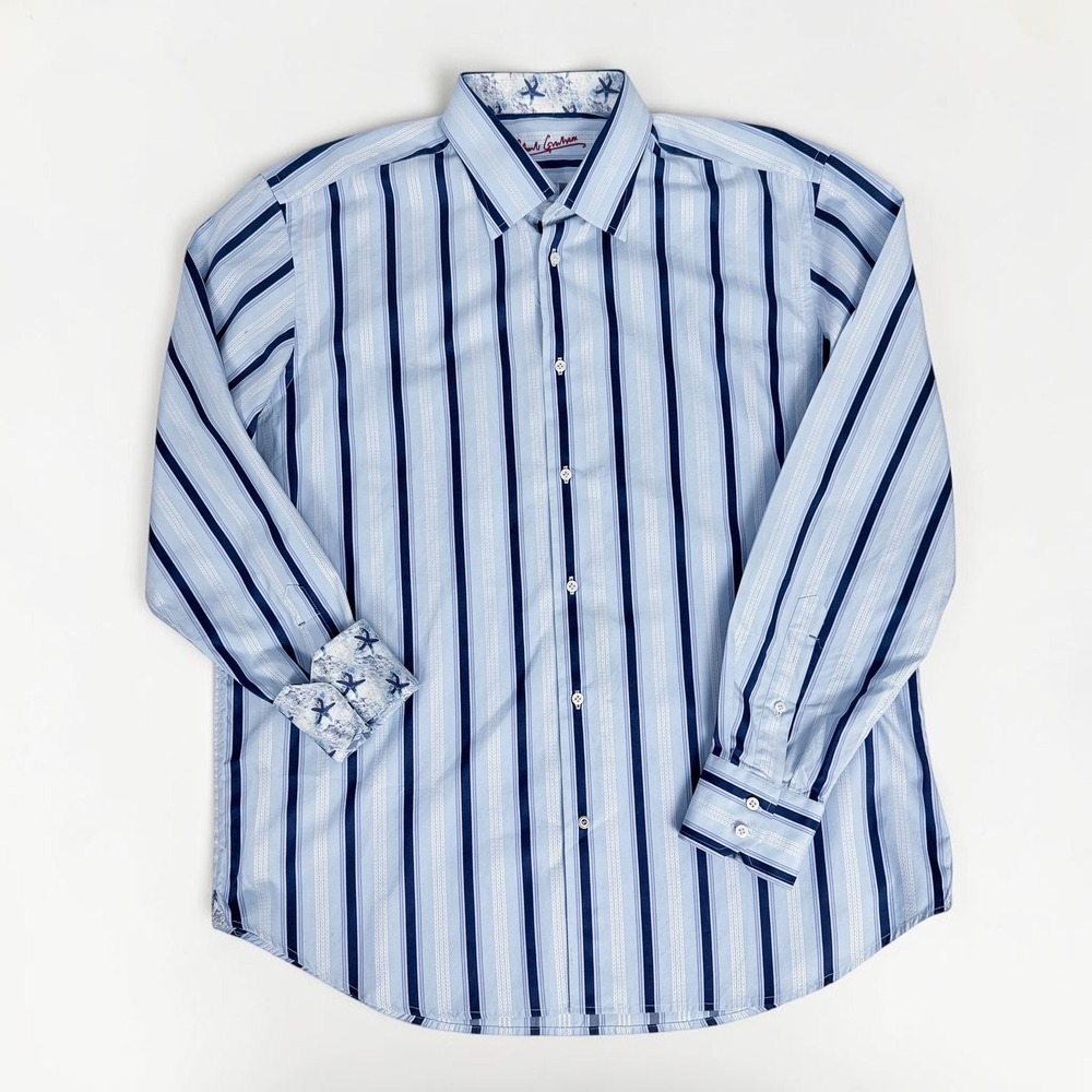Robert Graham Mens Blue Striped Long Sleeve Button Down Shirt XL Starfish Cuffs